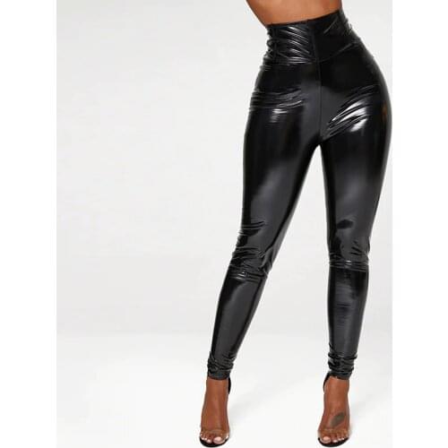 High Waist Stretch Patent Leather Pants Women PU Slim Pencil Pants Office Lady Bodycon Trousers Latex Leather Leggings Custom