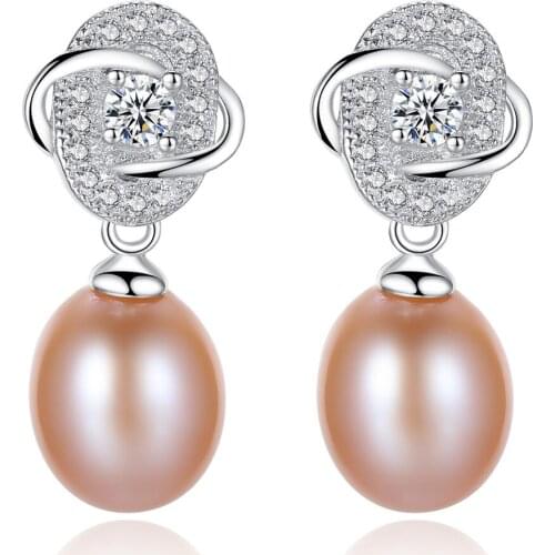 MetJakt S925 Sterling Silver Flower-Shaped 8-9mm Pearl Micro-Inlaid 3A Zircon Fashion Elegant Womens Ear Studs