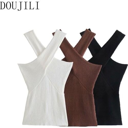 DOUJILI Fashion Women Cross Knited Tanks Top Solid Color Black Brown White Sleeveless Backless Tops For Female
