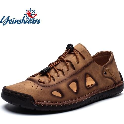 YEINSHAARS 2020 New Arrvial Men Shoes Handmade Leather Sandals Men Mens Outdoor Summer Beach Shoes Casual Big Size 39~48