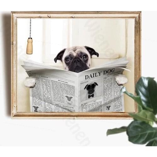 Funny Dog Reading in Toilet Wall Painting Animal Wall Art Canvas Prints Modern Decoration Poster for Bathroom Interior Decor