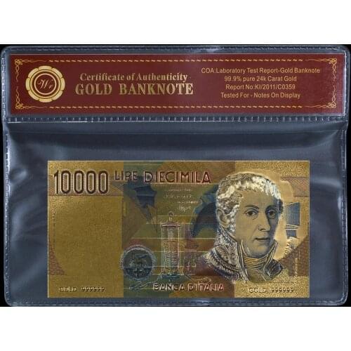 Normal Italy Gold Banknote Colored 10000 Lire Money Note Uncirculated In COA Sleeve