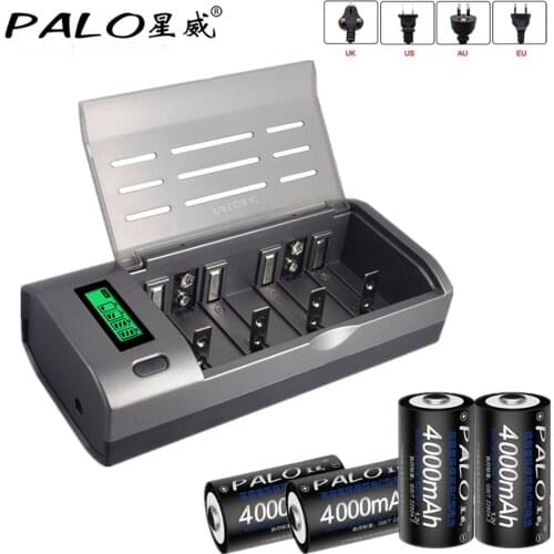 PALO C Size Battery 4000mAh Rechargeable Batteries LR14 1.2V NI-MH & Smart Fast Charging LCD Charger for AA AAA C D 9V Battery