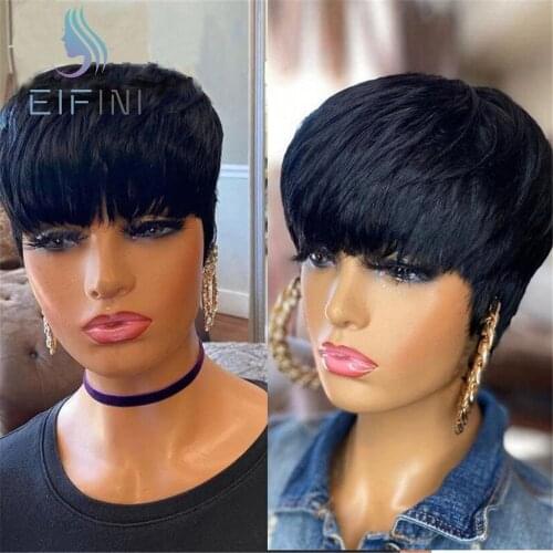 Pixie Cut Straight Short Bob Wigs Natural Black Color Brazilian Remy Human Hair Wigs With Bangs Full Machine Wig For Black Women