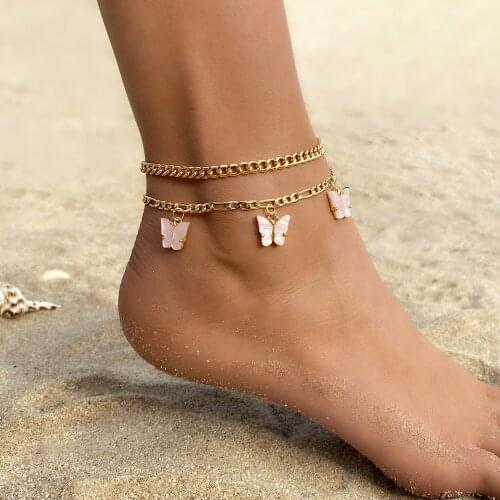 Simple Golden Metal Pink Butterfly Pendant Anklet Set Womens Fashion Boho Summer Beach Anklets Bracelet Girl Jewelry