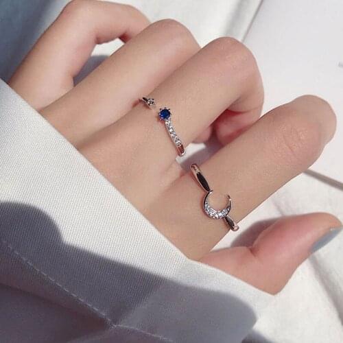 Simple Shine Rhinestone Adjustable Couple Ring Crystal Moon Crescent Blue Star Geometric Open Rings Luxury Wedding Jewelry