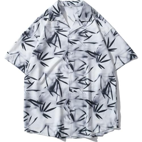 Mens short-sleeved shirt 2021 new summer loose casual button cardigan plant pattern creative printing lapel top