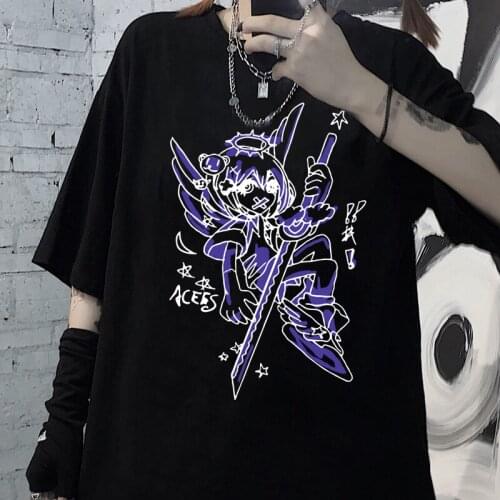 Harajuku Women T-Shirts Cartoon Anime Print Streetwear Punk Gothic Y2K Short Sleeve Dropshipping Clothes Vintage Plus Size Tops
