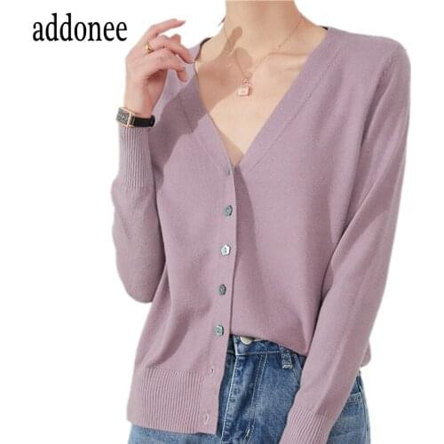 2020 Latest Flower Buttons Spring Autumn Women Female Cotton Knitted V-Neck Sweater Cardigan Coat Solid Soft Causal Loose