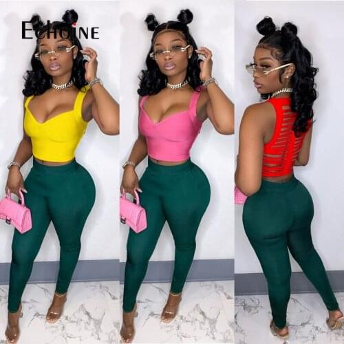 Echoine Women Summer Two Piece Set Solid Back Hollow Out Crop Vest Skinny Elastic Long Pants 2 Piece Set Office Lady High Street