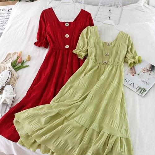 HISUMA Women Summer Square Collar Puff Sleeve Pleated Ruffles Dress Elegant Lady Elastic Button Slim Pullover Party Midi Dresses
