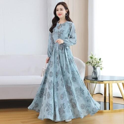 Maxi Chiffon Flral Dress Women Autumn Spring Runway 2020 Elegant Korean Long Sleeve Dress Blue Green Boho Vintage Party Dresses