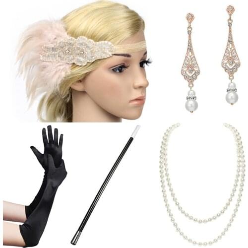 1920s Flapper Costume Accessories Set Women Vintage Gatsby Feather Headband Cigarette Holder Pearl Necklace Earring Gloves 5 Pcs