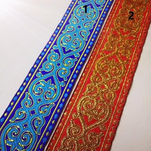 50mm 5cm 2' Blue Yellow Red Orange Ethnic Tutem Symbol Golden Filigree Webbing Classical National Woven Jacquard Ribbon Laciness