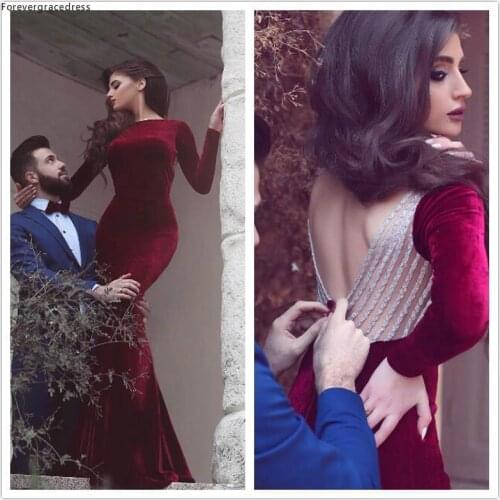 Burgundy Dubai Long Sleeves Evening Dress Cheap Velvet Arabic Formal Holidays Wear Graduation Party Gown Custom Made