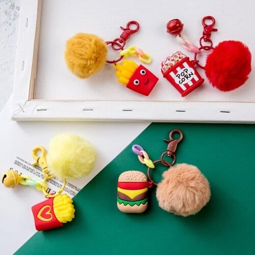 Creative Food Pompom Keychain PVC Hamburger Plush Fries Hairball Key Chain Car Bag Ornaments Key Ring Pendant Kids Couples Gifts