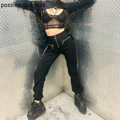 New Spring Autumn Women Casual Loose Long Cargo Pant Mall Goth Zipper Chain Fashion Cool Gothic Black White Full Length Trousers