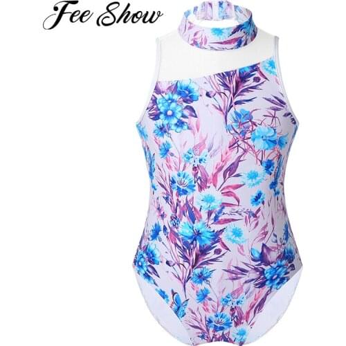 Kids Girls Dance Leotard Bodysuit Dancewear Stand Collar Sleeveless Backless Floral Print Jumpsuit for Skating Stage Performance
