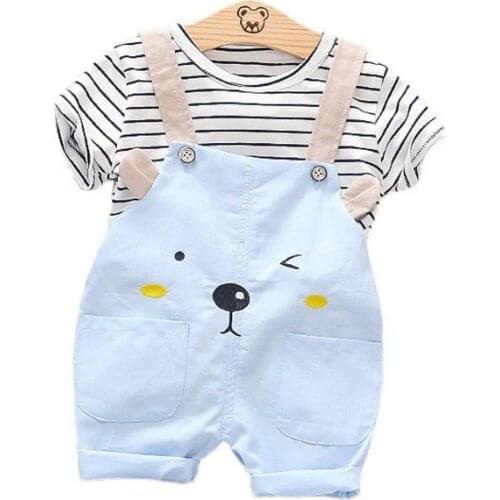 Children Cotton Clothes Summer Baby Boy Girls Stripe T Shirt Cartoon Bib Shorts 2Pcs/sets Infant Kids Fashion Toddler Tracksuits