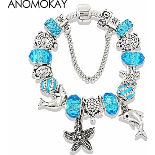 European & American Blue Crystal Bead Bracelet Ocean Tortoise Charm Bracelets & Bangles DIY Jewelry Gift Pulseiras Mujer