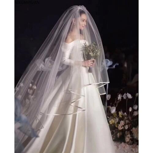 Real Photo White/Ivory Two Layer Wedding Veil 3.5m Ribbon Edge Mantilla Bridal Veil of Bride Wedding Accessories Veu De Noiva