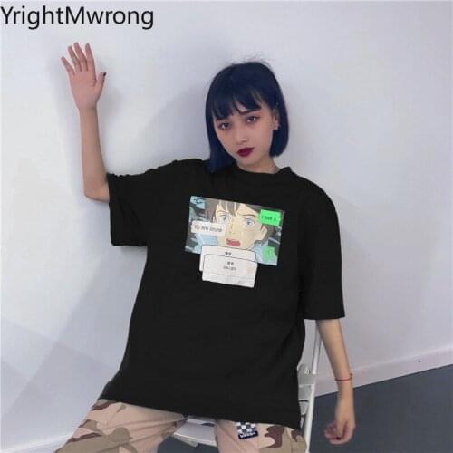 Japan Manga Letter Chat Girl Print Graphic Loose Oversized Tee T Shirt Top Korean Streetwear Plus Size Harajuku T-Shirt Homme