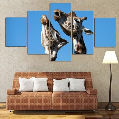 Blue Sky Two Giraffes Canvas Paintings Living Room Wall Art HD Prints 5 Pieces Poster Home Decor Animals Pictures
