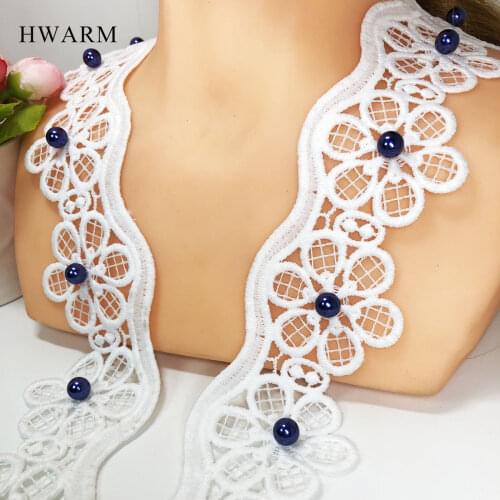HWARM 10yard 5.2cm High Quality Lace Fabric Ribbon Sewing Trim With Blue Beads Diy Milk Silk Embroidery Wedding Skirt Decoration