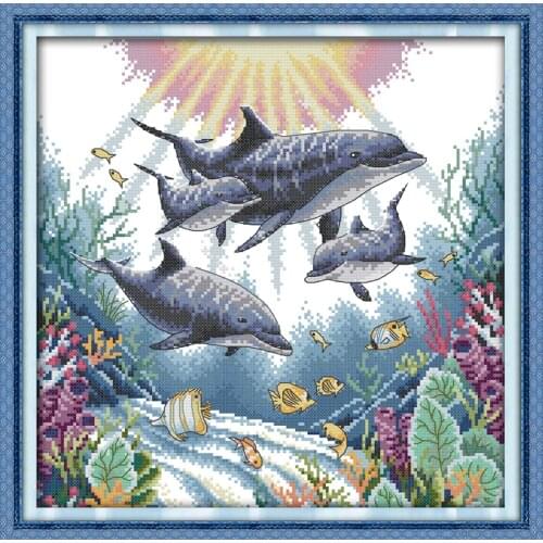 Joy Sunday Dolphin Chinese Cross Stitch Kits Ecological Cotton Clear Stamped Printed 14CT 11CT DIY Wedding Decoration For Home