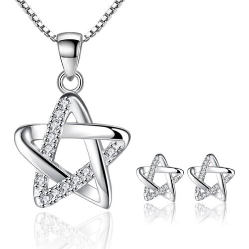 Personality CZ Zircon Hollow Five Star Stud Earrings Necklace Set for Women Girl Gifts Bridal Jewelry Sets