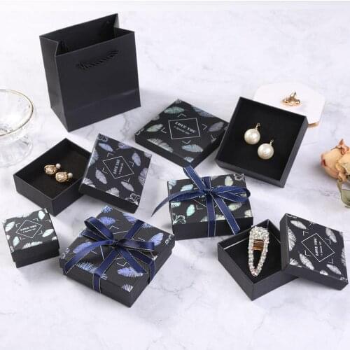 New 12Pcs Black Leaft Jewelry PackagIng Craft Paper Box Case Necklace Earring Bracelet Ring DIsplay Gift Boxes with Ribbon
