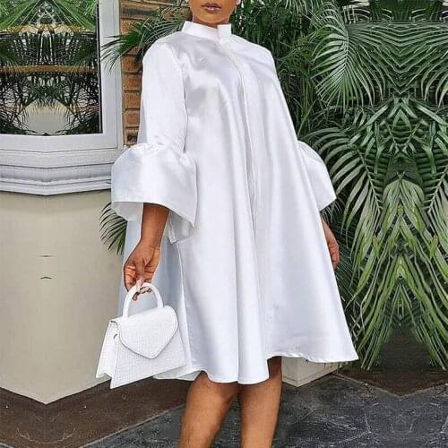 Summer White African Dress Women Cardigan 3/4 Sleeve Loose Boubou Casual Dress Robe Knee-length African Dresses For Women 2021
