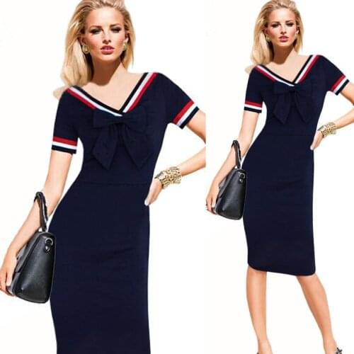 Fashion womens bow short-sleeve slim pencil one-piece dress