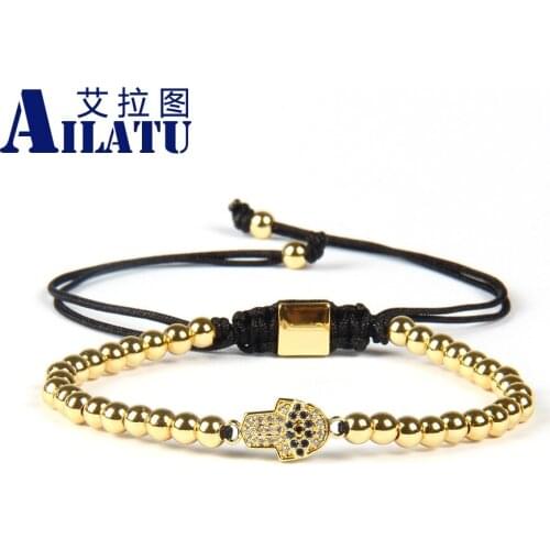 Ailatu Fashion Trendy 4mm Gold Color Brass Beads Exquisite Small Blue and Black Cz Eye Fatima Hand Hamsa Macrame Bracelet