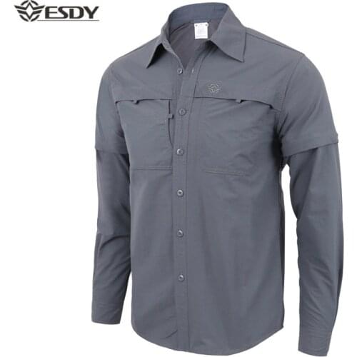 Outdoor Military Hiking Tops Mens Detachable Tactical Long Sleeve Quick Dry Breathable Anti UV Removable Lapel Cardigan Shirts