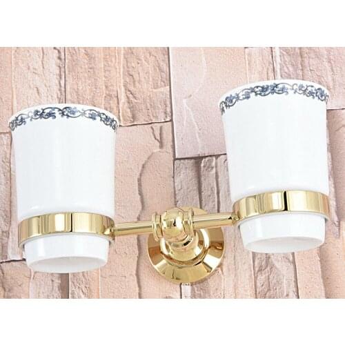 Wall Mounted Luxury Gold Color Brass Bathroom Toothbrush Holder Set Bathroom Accessory Dual Ceramic Cup mba316