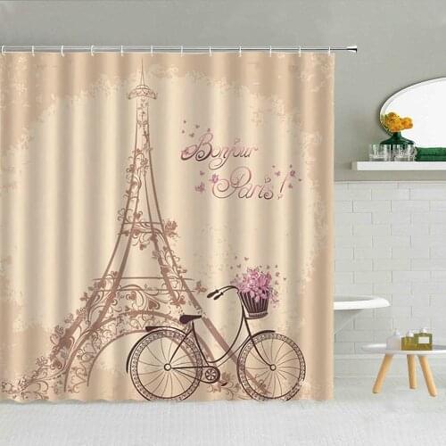 Paris Tower Shower Curtain French Famous Building Flower Bicycle Romantic Love Girl Bathroom Decor Waterproof Cloth Curtains Set