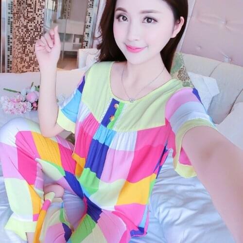 Pajamas Set Women Mom Sexy Flower Cotton Pyjamas 2Piece/Set Long Pants Short Shirt Big Size Home Mom Summer Cartoon Sleepwear