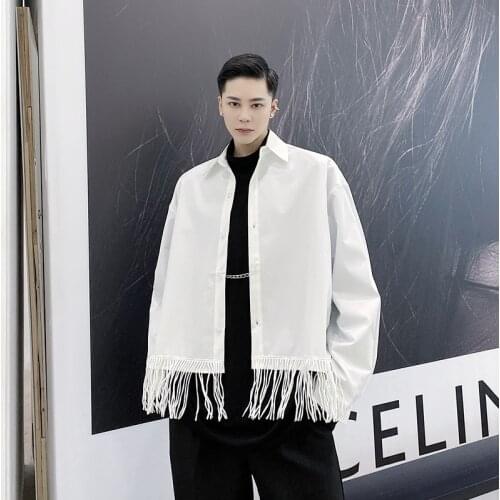Men Tassels Hem Long Sleeve Casual Shirt Male Women Japan Streetwear Fashion Solid Black White Couple Shirt Stage Clothing