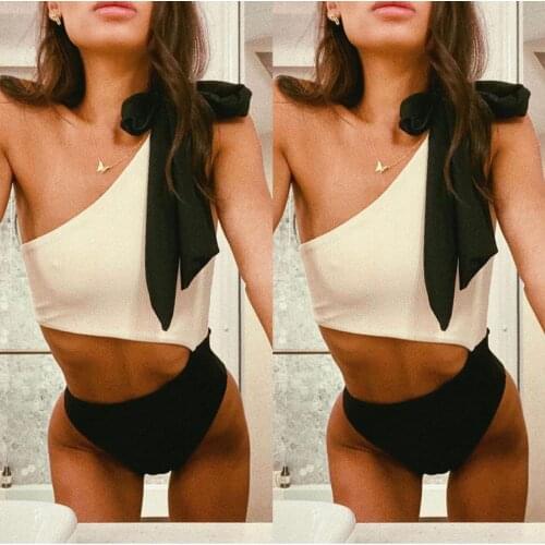 Sexy Bikinis Women new one-piece two-tone stitching one-shoulder bow bikini Swimwear one-piece Swimsuit Bandage Bathing Suits