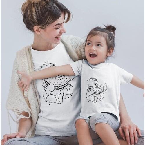 2021 Family Matching Clothes New Summer White O-neck Tshirt Winnie Pooh Printed Funny Disney Cartoon Tee Tops Dropship