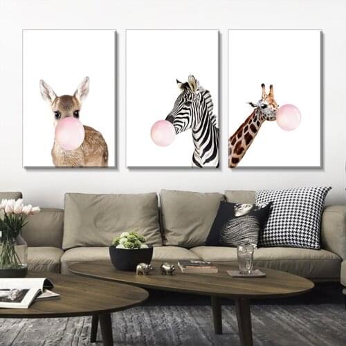 Modern Canvas Paintings, Animal Posters Blowing Balloons, Simple and Fresh Giraffe Zebra Printing, Waterproof Murals and Wall