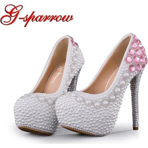 White Pearl Wedding Party Shoes Woman High Heel Spring Shoes Pink Rhinestone Bridal Pumps 6cm/8cm/11cm/14cm Stiletto Heels
