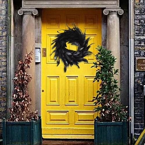 69HF 11 Inch Black Natural Cocktail Feather Wreath Halloween Decorations Front Door