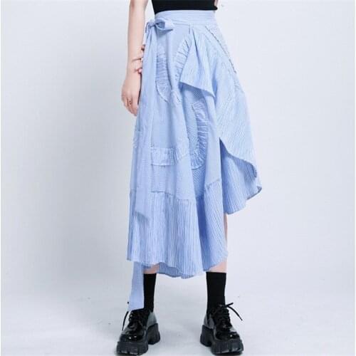 Blue Striped Pleated Skirt Womens Adjustable Lace up Bow waist one-piece Skirts Casual street wear for female