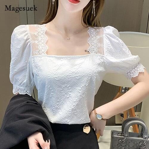 2021 French Short Sleeve Lace Tops Summer Square Collar Chiffon Women Blouse Floral Lace-up Backless Solid Stitching Shirt 14114