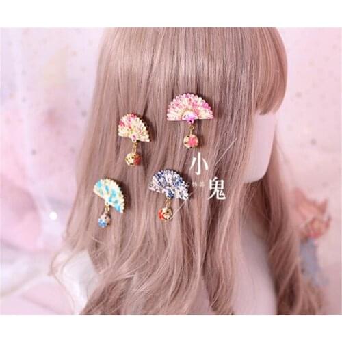 Vintage Womens Lolita Sakura Fan Shaped Small bell Hairpin Cute Headwear For Kimono Lolita Dress Hair Accessories Hair Pin B559