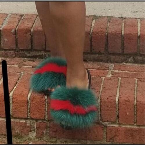 New Summer Women Furry Fox Fur Flip Flops Cute Rainbow Striped Fluffy Fur Sandals Fashion Fur Slides Ladies Luxury Slippers Hot