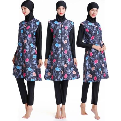 Women Floral Muslim Swimwear Sport Clothing Plus Size Burkinis Modest Full Cover Female Swimsuit Beach Sequins Swimsuit 3XL