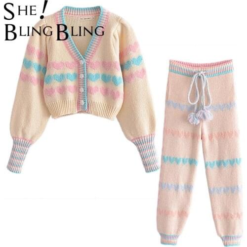 SheBlingBling Za Woman 2021 Traf Autumn Y2K Sweet Girls Heart Striped Patchwork Crop Knit Cardigan Ankle Length Pants 2 Pie Sets